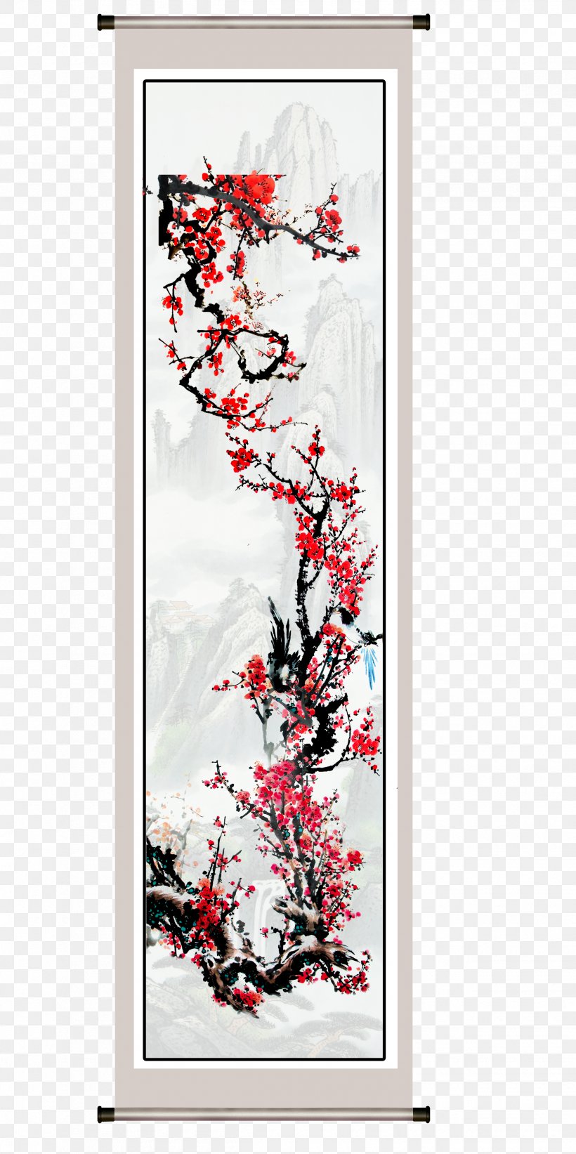 Ink Wash Painting Plum Blossom Hanging Scroll, PNG, 2495x5000px, Ink Wash Painting, Art, Chrysanthemum, Creative Arts, Floral Design Download Free