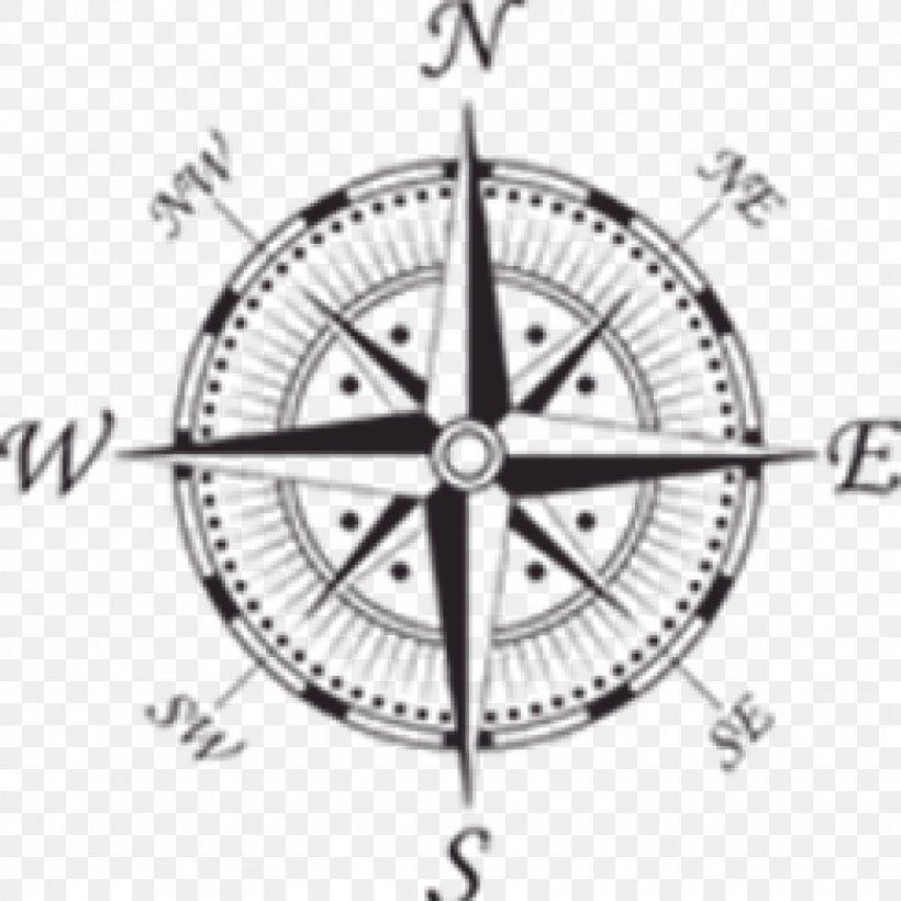 Compass Rose Symbol Clip Art, PNG, 1024x1024px, Compass, Bicycle Part, Bicycle Wheel, Black And White, Cardinal Direction Download Free