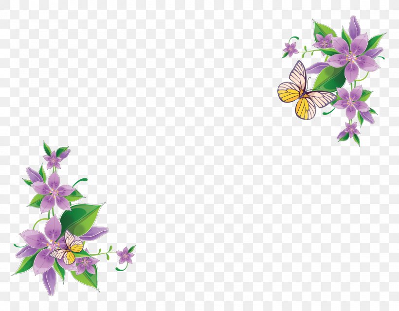 Border Flowers Floral Design Purple Clip Art, PNG, 1600x1249px, Border Flowers, Blossom, Branch, Butterfly, Drawing Download Free