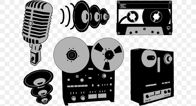 Microphone Reel-to-reel Audio Tape Recording Compact Cassette Audio Equipment, PNG, 637x447px, Microphone, Audio, Audio Equipment, Black And White, Brand Download Free