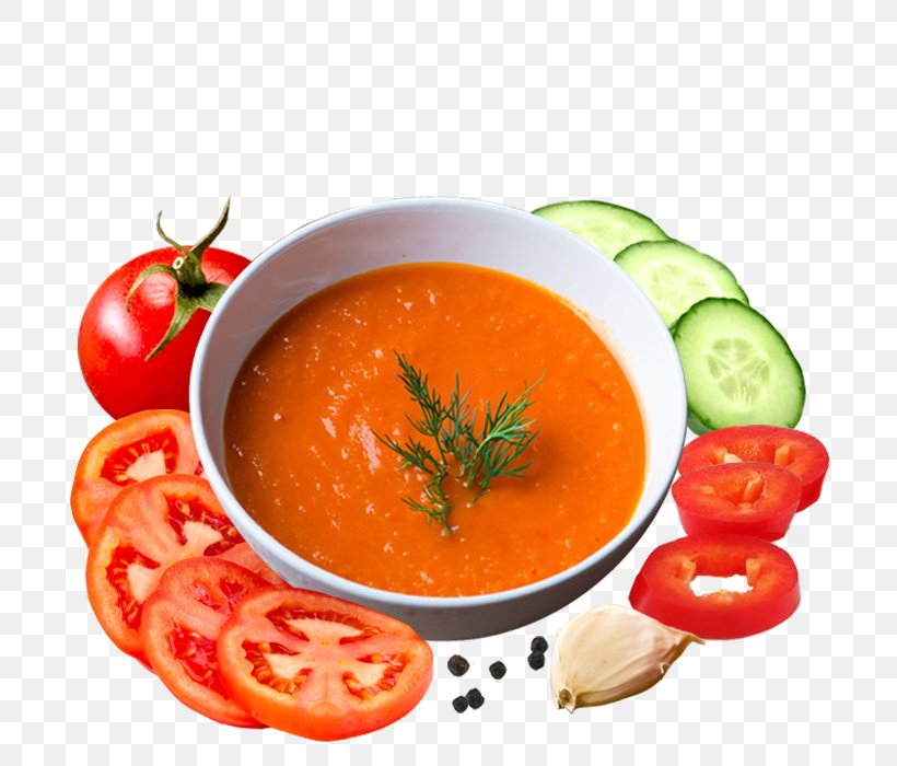 Tomato Soup Gazpacho Vegetarian Cuisine Vegetable Garnish, PNG, 700x700px, Tomato Soup, Concentrate, Diet Food, Dish, Food Download Free