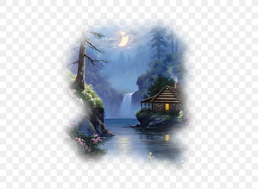 Painting Moonlight Over The Lake Log Cabin, PNG, 500x602px, Painting, Accommodation, Art, Calm, Canvas Download Free