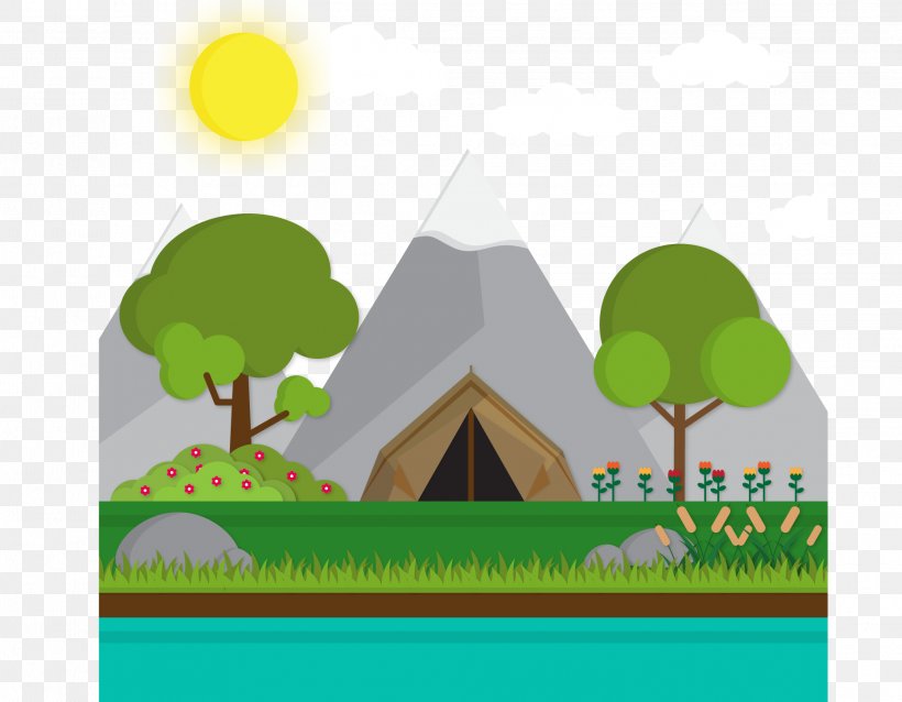 Tent Camping Landscape, PNG, 2063x1607px, Tent, Camping, Flat Design, Fukei, Grass Download Free