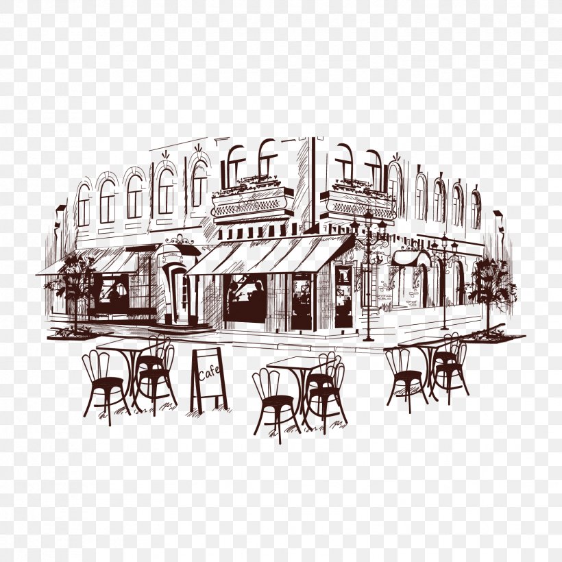 Coffee Cafe Drawing Illustration, PNG, 1654x1654px, Coffee, Black And White, Brand, Cafe, Creative Market Download Free
