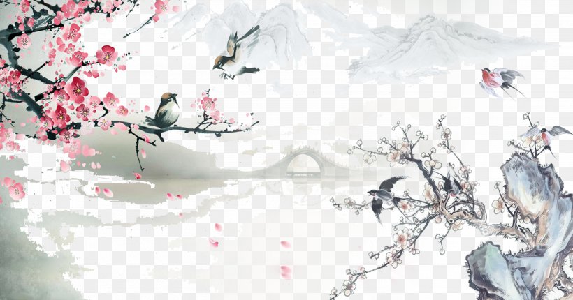 Chinoiserie Shan Shui Wallpaper, PNG, 2953x1552px, Chinoiserie, Art, Birdandflower Painting, Blossom, Branch Download Free