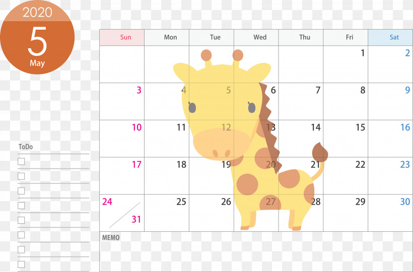May 2020 Calendar May Calendar 2020 Calendar, PNG, 3000x1982px, 2020 Calendar, May 2020 Calendar, Giraffe, Giraffidae, Line Download Free
