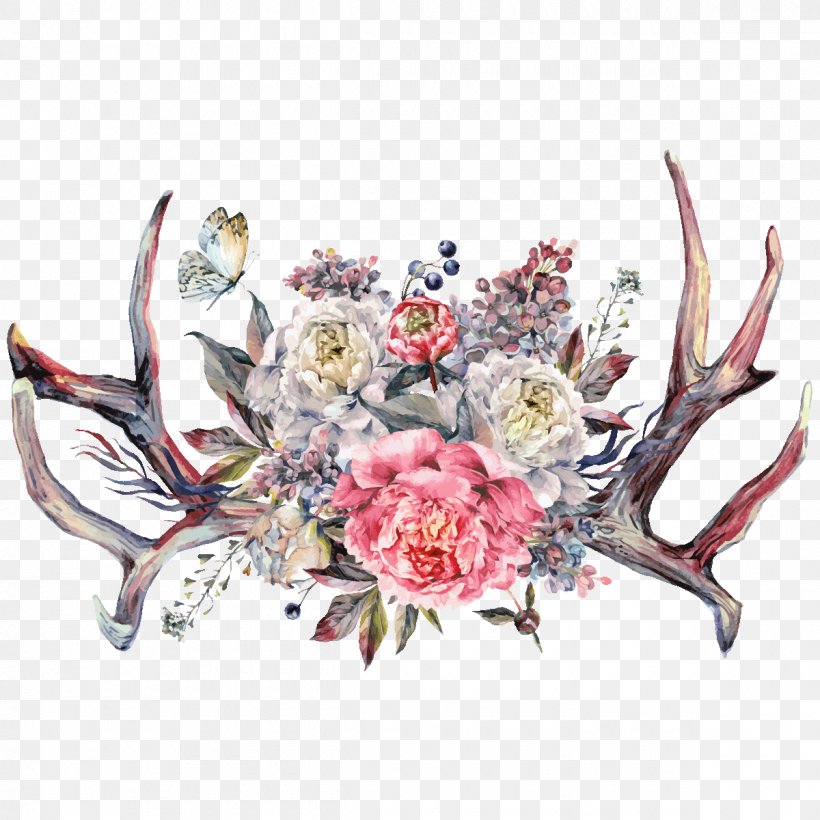 Floral Design Peony Antler Watercolor Painting Drawing, PNG, 1200x1200px, Floral Design, Antler, Cut Flowers, Drawing, Floristry Download Free
