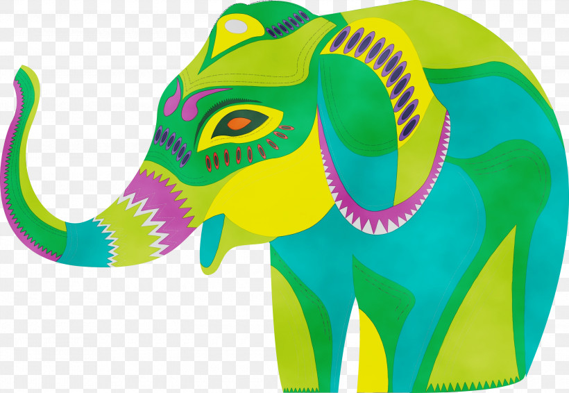 Indian Elephant, PNG, 3000x2074px, Watercolor, Animal Figurine, Biology, Elephant, Green Download Free