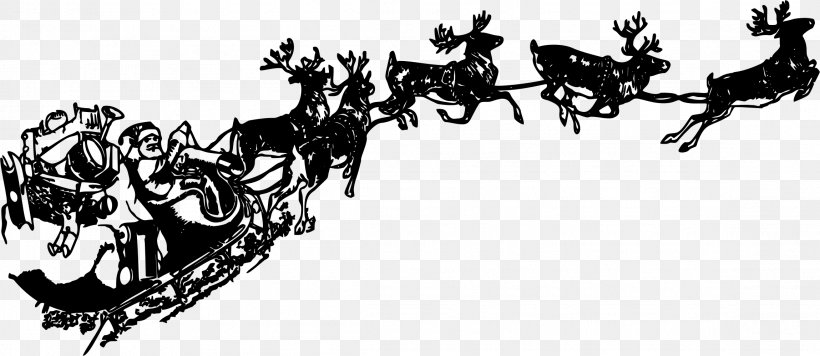 Santa Claus Reindeer Sled Christmas Clip Art, PNG, 2298x998px, Santa Claus, Art, Black And White, Chariot, Christmas Download Free