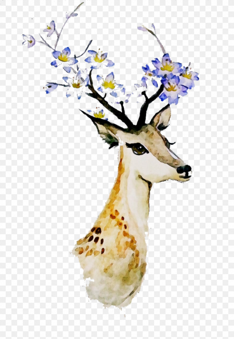 Deer Plant Branch Wildlife Fawn, PNG, 1024x1483px, Watercolor, Branch, Deer, Fawn, Paint Download Free