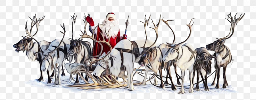Santa Claus, PNG, 1332x524px, Watercolor, Deer, Herd, Mushing, Paint Download Free