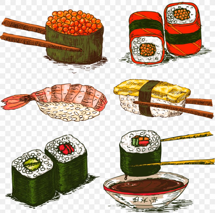 Sushi California Roll Japanese Cuisine Sashimi, PNG, 947x940px, Sushi, Asian Food, California Roll, Cartoon, Commodity Download Free