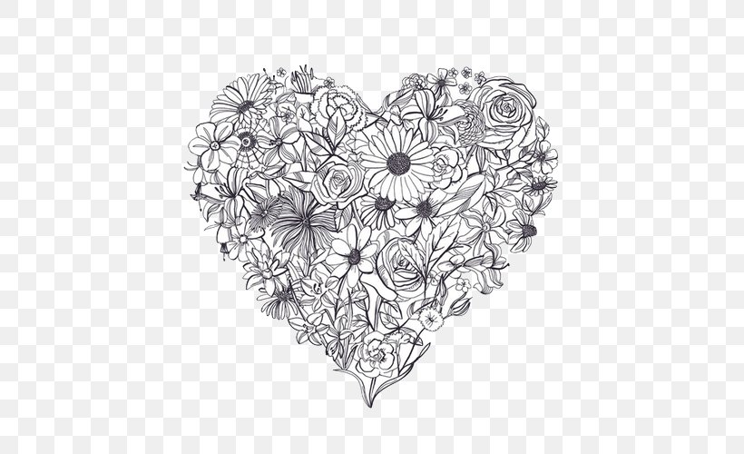 Drawing Black And White Flower, PNG, 500x500px, Watercolor, Cartoon, Flower, Frame, Heart Download Free