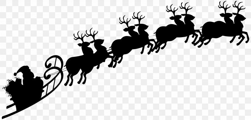 Reindeer Santa Claus Silhouette Sled Clip Art, PNG, 6226x2993px, Santa Claus, Antler, Art, Black And White, Cattle Like Mammal Download Free