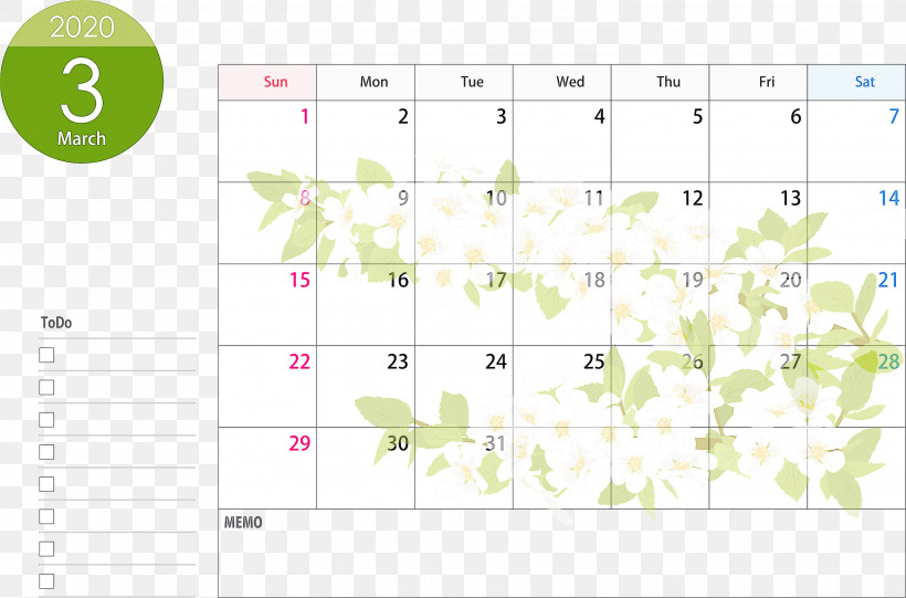 March 2020 Calendar March 2020 Printable Calendar 2020 Calendar, PNG, 3000x1982px, 2020 Calendar, March 2020 Calendar, Green, Line, March 2020 Printable Calendar Download Free