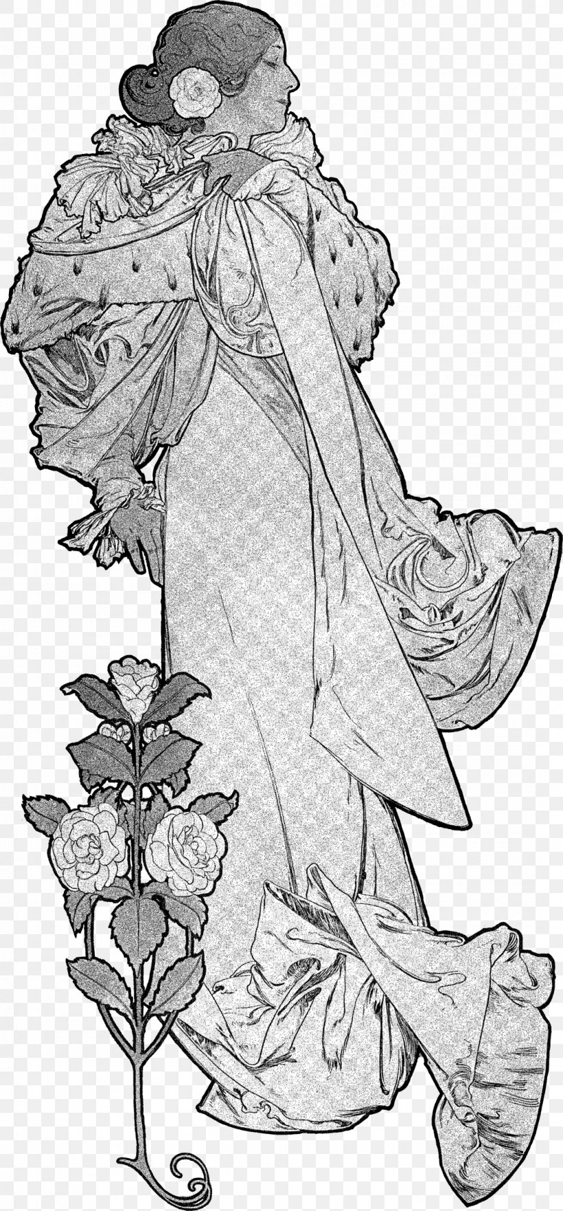The Lady Of The Camellias Line Art Sketch, PNG, 1075x2312px, Lady Of The Camellias, Alphonse Mucha, Art, Artwork, Black And White Download Free