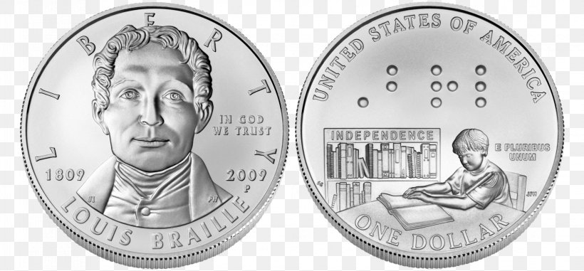 Louis Braille Dollar Coin Philadelphia Mint Commemorative Coin, PNG, 1650x768px, Louis Braille, Black And White, Braille, Braille Literacy, Cash Download Free