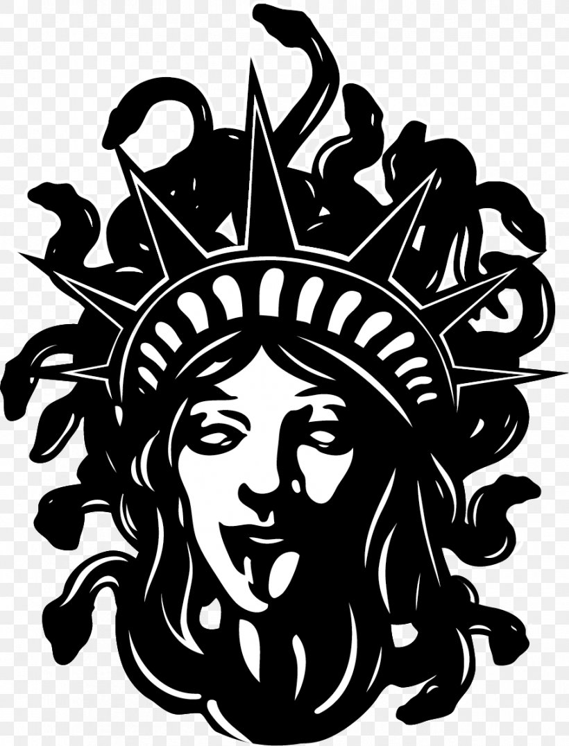 Statue Of Liberty Medusa Visual Arts Graphic Design, PNG, 907x1190px, Statue Of Liberty, Art, Black, Black And White, Fictional Character Download Free