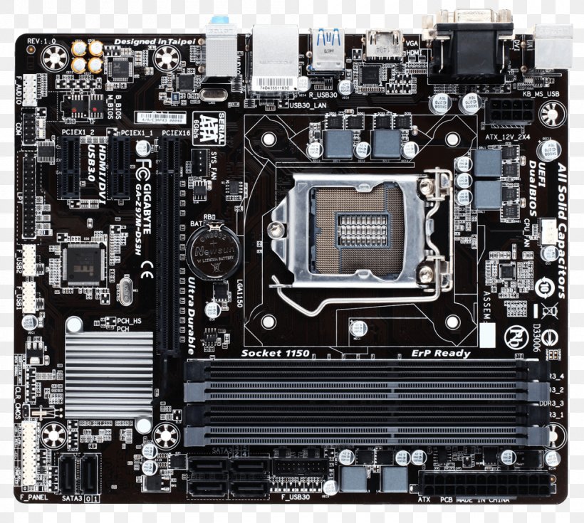 Intel Gigabyte Z97m-ds3h Motherboard Core I7/i5/i3 Lga1150 Z97 Express Chipset Micro Atx Raid Gigabit Lan (integrated Graphics) LGA 1150 Gigabyte Technology, PNG, 1000x897px, Intel, Atx, Central Processing Unit, Computer, Computer Accessory Download Free