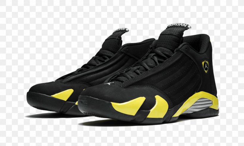 Air Jordan 14 Retro 'Thunder' Foot Locker Sports Shoes Nike, PNG, 1000x600px, Air Jordan, Adidas, Athletic Shoe, Basketball Shoe, Black Download Free