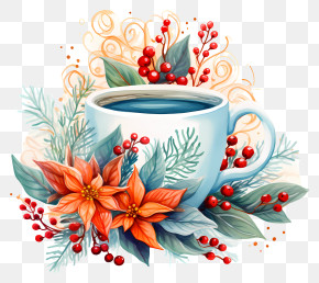 Coffee - Coffee Cup With Festive Flowers PNG