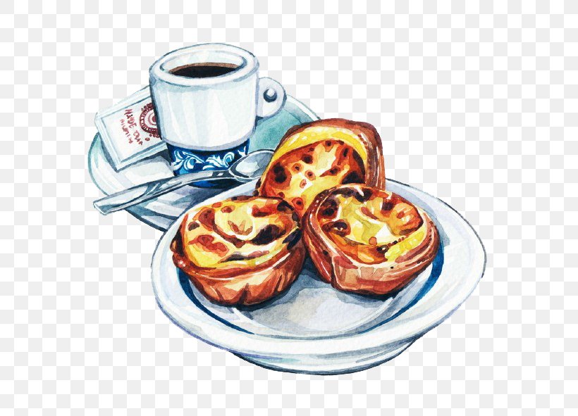 Coffee Dim Sum Tea Egg Tart Watercolor Painting, PNG, 690x591px, Coffee, American Food, Art, Breakfast, Cartoon Download Free