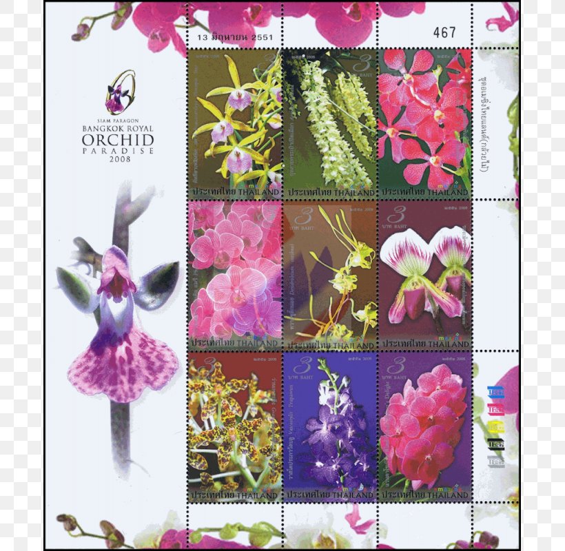 Thailand Postage Stamps Floral Design Miniature Sheet Orchids, PNG, 800x800px, Thailand, Art, Artificial Flower, Bhumibol Adulyadej, Butterfly Download Free
