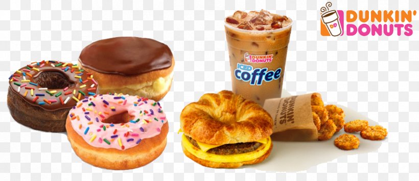 Dunkin' Donuts Iced Coffee Breakfast, PNG, 853x371px, Donuts, Baked Goods, Baking, Boston Cream Doughnut, Breakfast Download Free