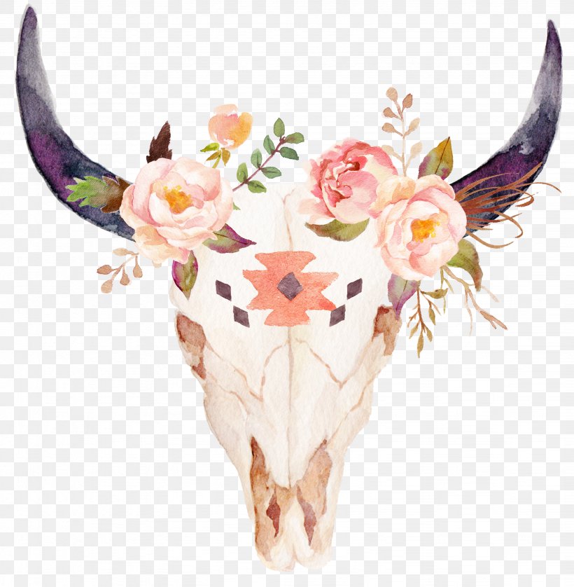 Texas Longhorn Skull Flower Printing Zazzle, PNG, 3288x3362px, Texas Longhorn, Antler, Bohochic, Bull, Cattle Download Free