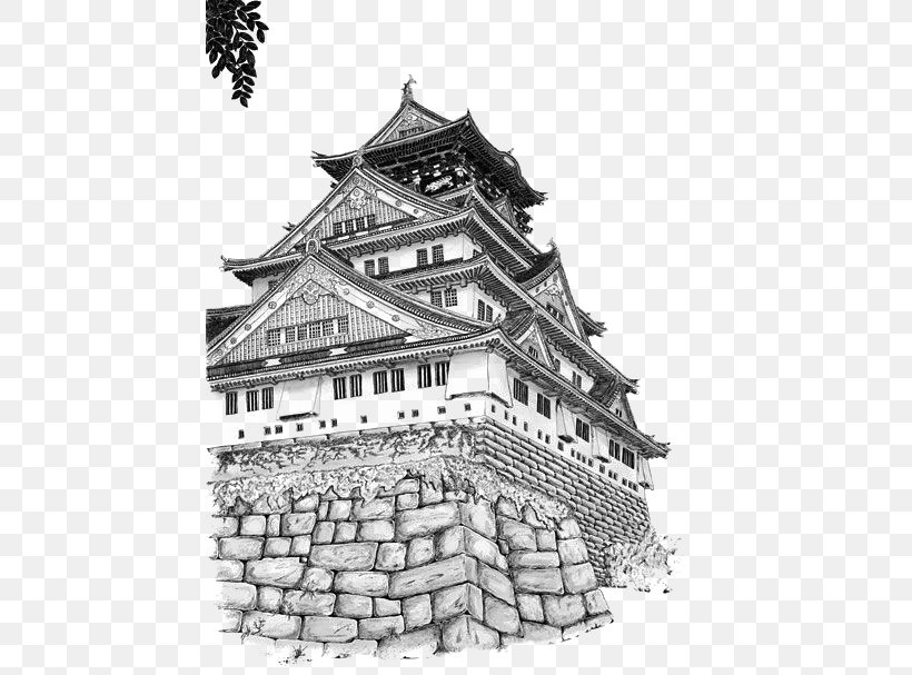 Osaka Castle Drawing Perspective Sketch, PNG, 450x607px, Osaka Castle, Architecture, Art, Black And White, Building Download Free