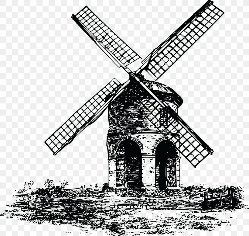 Windmill Wind Power Wind Turbine Clip Art, PNG, 4000x3787px, Windmill, Artwork, Black And White, Building, Energy Download Free