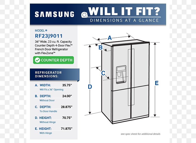 Samsung RS22HDHPN 22 Cu. Ft. Counter Depth Side-By-Side Refrigerator Samsung RF23HCEDB Cubic Foot, PNG, 800x600px, Refrigerator, Area, Cubic Foot, Diagram, Door Download Free