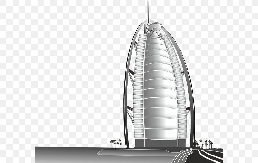 Burj Al Arab Drawing Hotel Art Clip Art, PNG, 600x520px, Burj Al Arab, Art, Black And White, Building, Digital Art Download Free