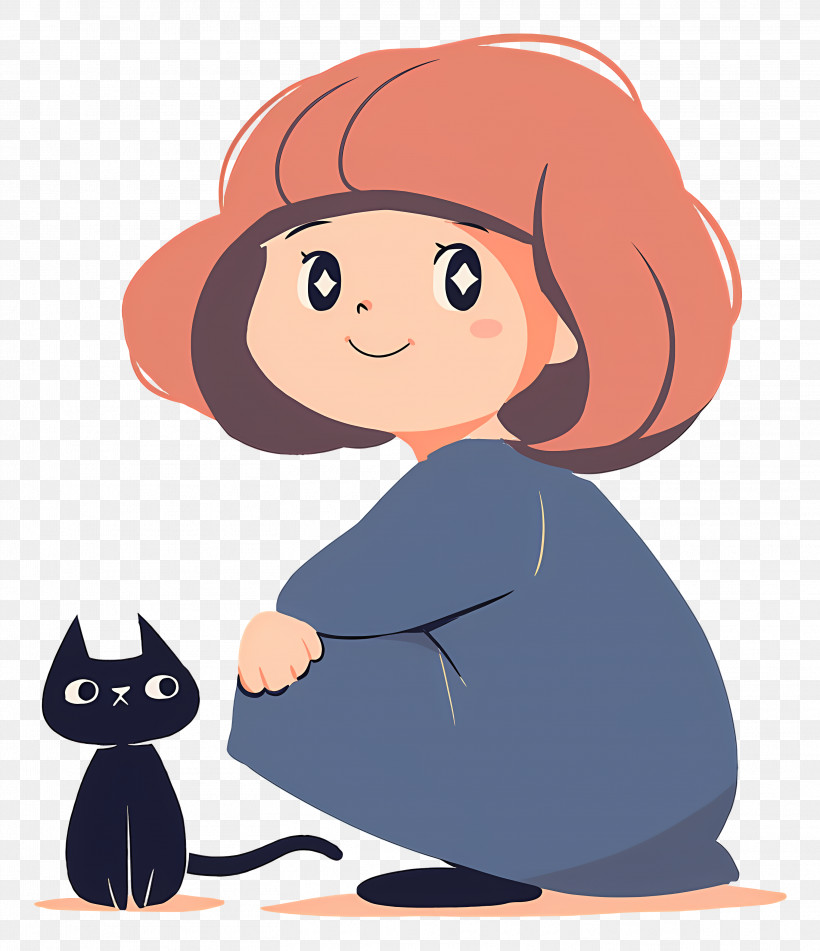 Cute Little Girl - Smiling Girl With Black Cat PNG