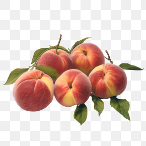 Peach - Illustration Of Fresh Peaches With Green Leaves PNG