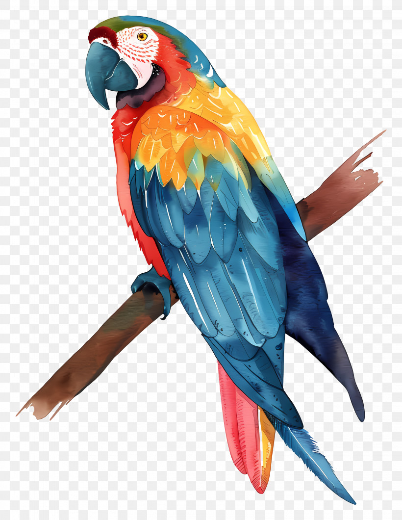 Macaw - Tropical Parrot On Branch In Watercolor Style PNG