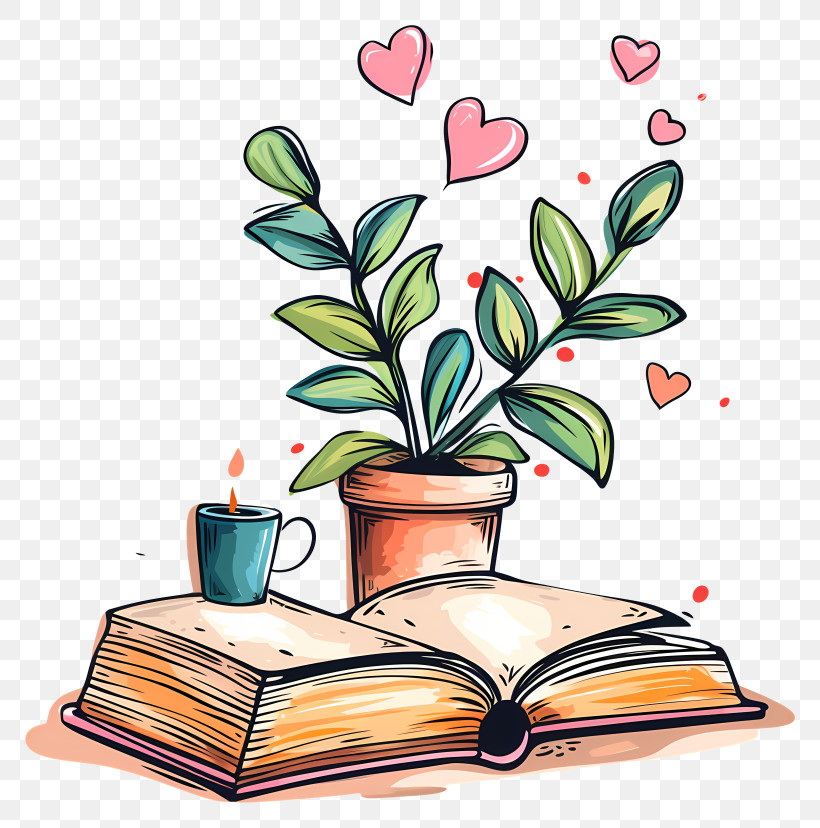 Open Book - Book And Plant With Hearts Illustration PNG