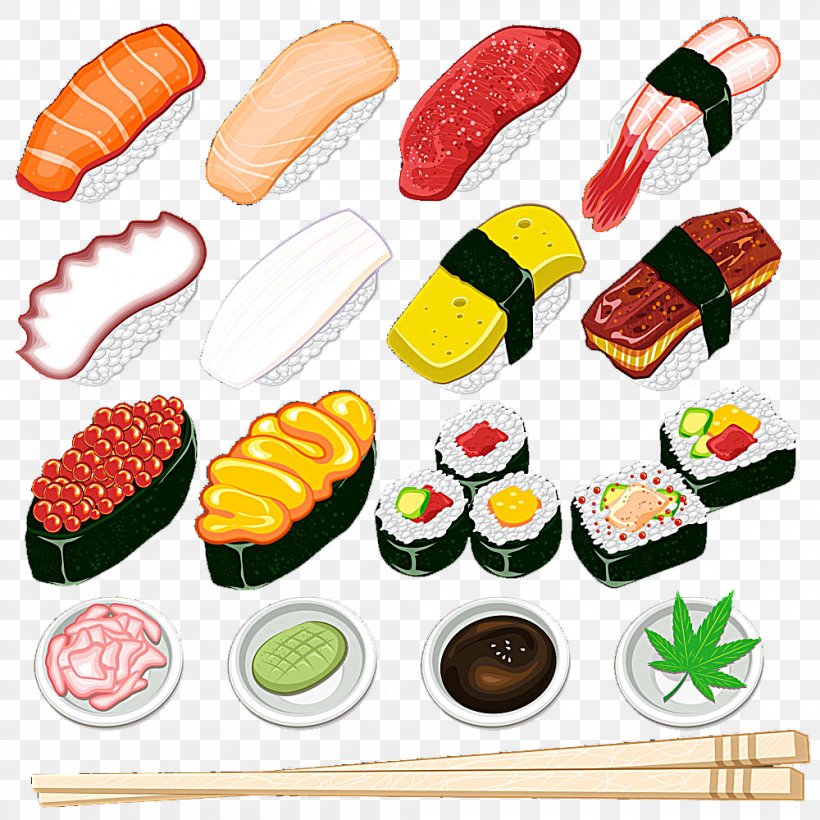 Sushi Tempura Japanese Cuisine Food, PNG, 1000x1000px, Sushi, Asian Food, Cartoon, Cooking, Cuisine Download Free