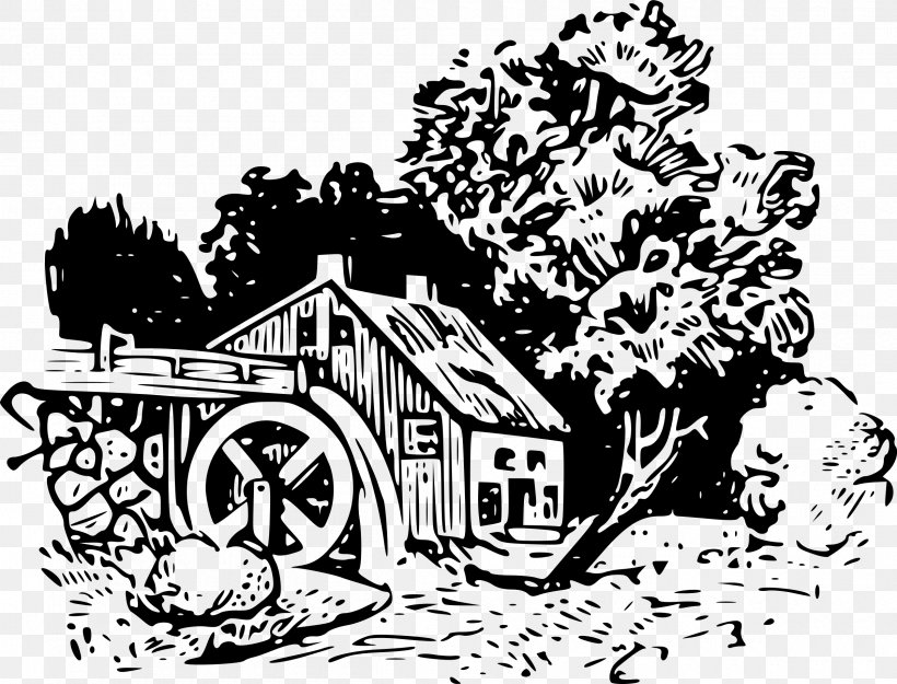Watermill Windmill, PNG, 2400x1830px, Watermill, Art, Artwork, Black And White, Cartoon Download Free