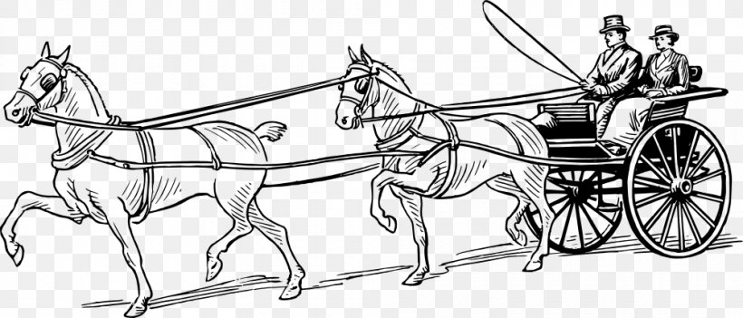 Horse And Buggy Horse-drawn Vehicle Carriage Clip Art, PNG, 1000x429px, Horse, Artwork, Black And White, Bridle, Brougham Download Free
