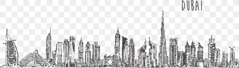 Burj Khalifa Skyline Drawing Stock Photography, PNG, 979x280px, Burj Khalifa, Black And White, Building, Cartoon, Drawing Download Free