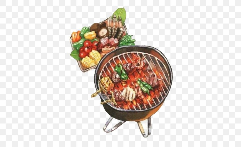 Hot Dog Barbecue Hot Pot Watercolor Painting Drawing, PNG, 500x500px, Hot Dog, Animal Source Foods, Barbecue, Barbecue Grill, Contact Grill Download Free