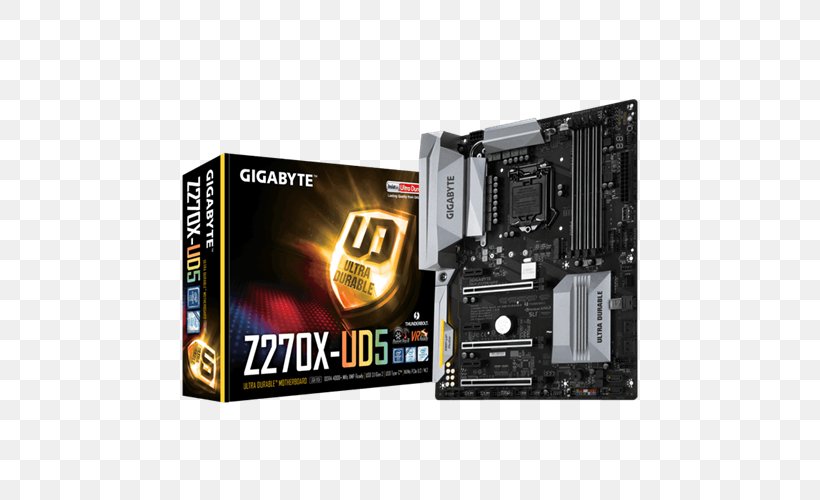 GIGABYTE GA-Z270X-UD5 LGA1151/ Intel Z270/ DDR4/ Quad CrossFireX & Qua Motherboard LGA 1151 ATX, PNG, 500x500px, Intel, Atx, Central Processing Unit, Computer Accessory, Computer Component Download Free