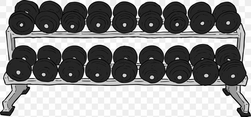 Fitness Centre Dumbbell Exercise Equipment Physical Exercise Weight Training, PNG, 2400x1126px, Fitness Centre, Auto Part, Automotive Tire, Bench, Black And White Download Free