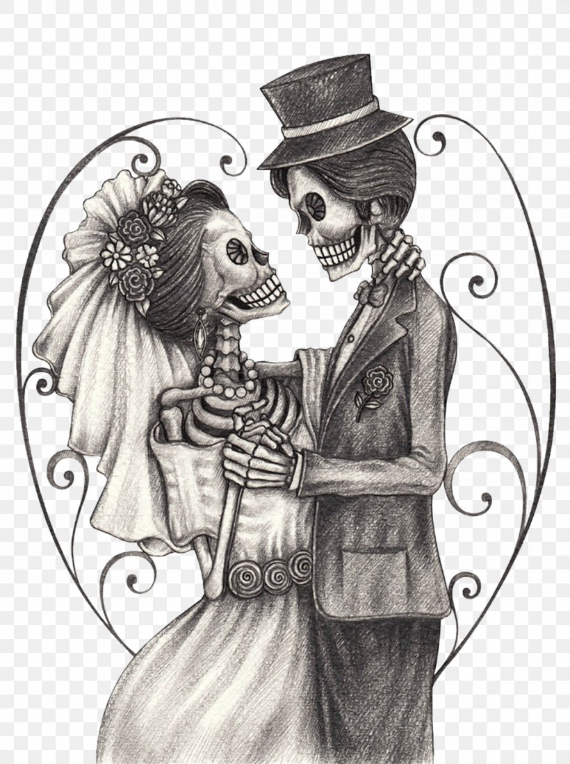 Calavera Wedding Invitation Day Of The Dead Drawing, PNG, 1024x1374px, Calavera, Art, Black And White, Bridegroom, Costume Design Download Free