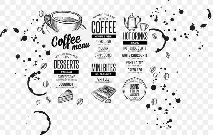 Coffee Hamburger Tea Cafe Menu, PNG, 1000x633px, Coffee, Black And White, Brand, Cafe, Dessert Download Free
