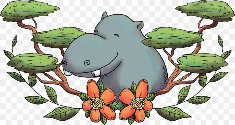 Leaf Painting, PNG, 4444x2372px, Hippopotamus, Amphibian, Animal, Drawing, Elephant Download Free