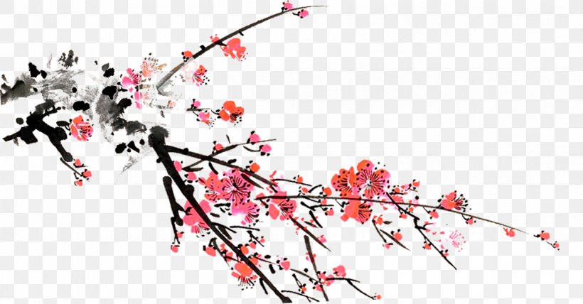 Ink Wash Painting Watercolor Painting Red And White Plum Blossoms, PNG, 1225x640px, Ink Wash Painting, Blossom, Branch, Cherry Blossom, Chinese Painting Download Free