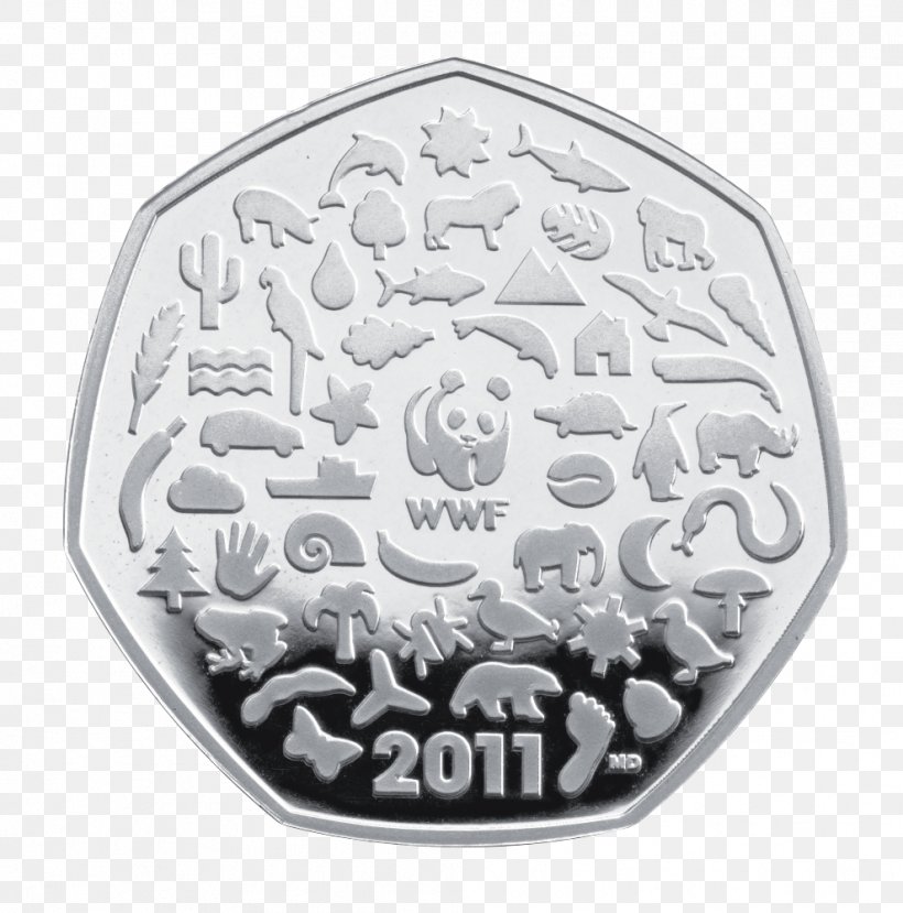 Commemorative Coin Fifty Pence World Wide Fund For Nature Silver, PNG, 989x1000px, Coin, Aquarius, Black And White, Commemorative Coin, Currency Download Free