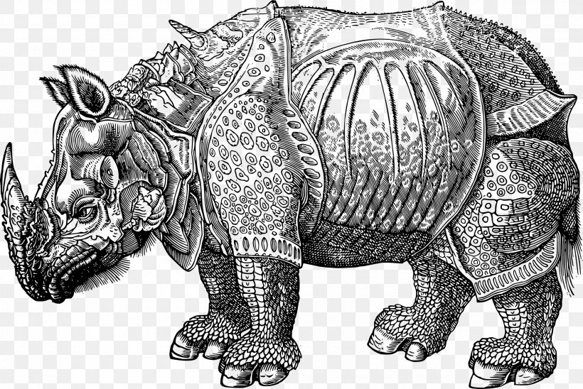 Dürer's Rhinoceros Black Rhinoceros Drawing Clip Art, PNG, 2400x1606px, Rhinoceros, African Elephant, Armour, Art, Black And White Download Free